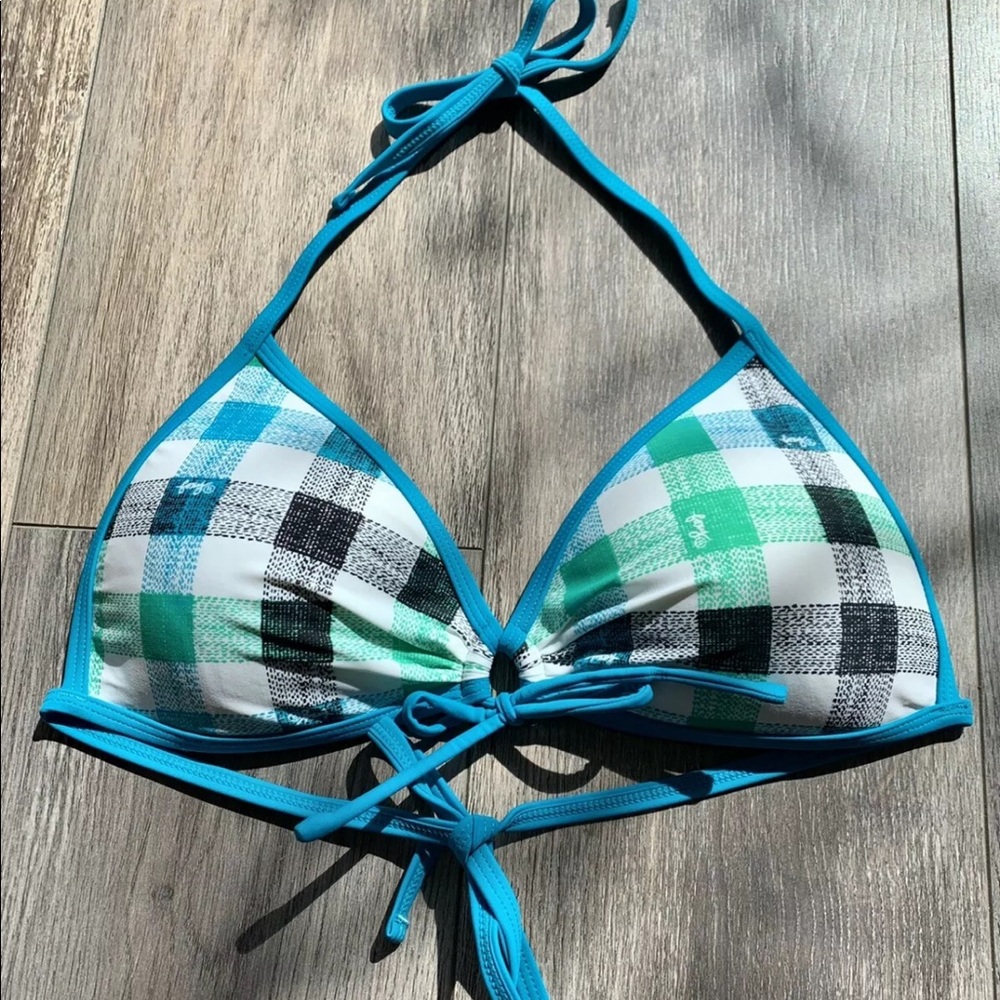 Foxy Jeans Blue Green Plaid Pattern Bikini Top (Only) Halter Style Size L/G